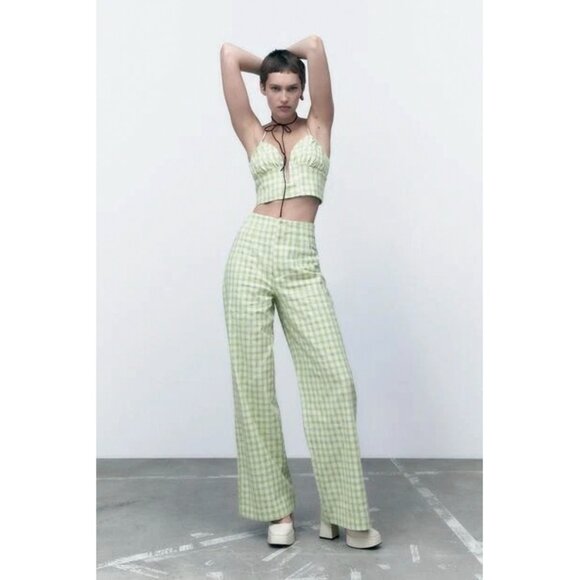 Zara Gingham Checkerboard Wide Leg Trouser Dress Pants Green White Dopamine Boho - Picture 3 of 16